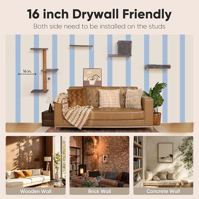 FUKUMARU Cat Wall Shelves, Stable & Safe 4 in 1 Cat Walls Furniture Set, Wooden Kitten Climbing Wall with Scratching Post for 16 Inch Drywall - Light Gray