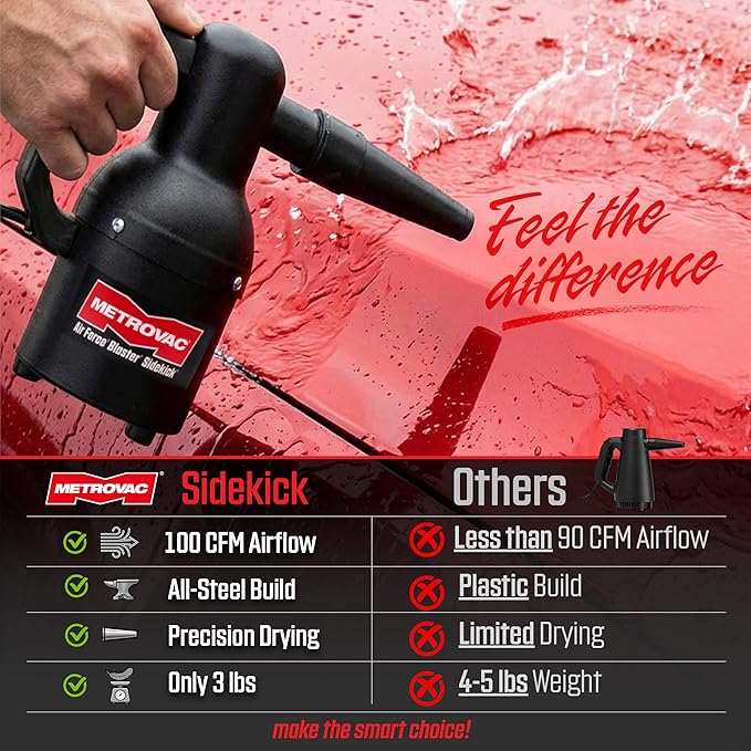 METROVAC SK-1-25 Sidekick Blower System - Heavy Duty Car & Motorcycle Cleaner, Dryer - Powerful Compact Air Duster - Portable Car Cleaning Supplies w/ 1.3 Peek HP 120V