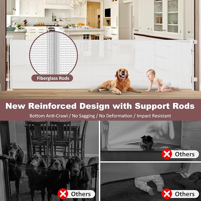 Reinforced 41" Extra Tall Retractable Baby Gates Extra Wide 120" Retractable Dog Gate with Support Rods, Indoor Mesh Baby Gate Retractable Gate Outdoor Extra Tall Dog Gate for Large Openings, White