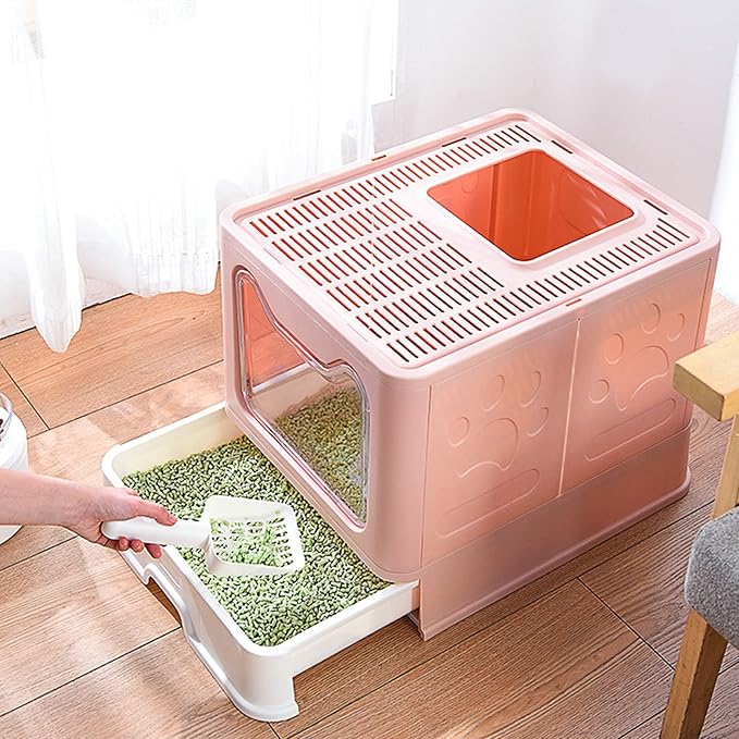 Cat Litter Box Foldable Portable Cat Litter Pan with Lid,Top Entry Litter Box Large Covered Cat Litter Box for Travel with Cat Litter Scoop,Brush and Garbage Bag