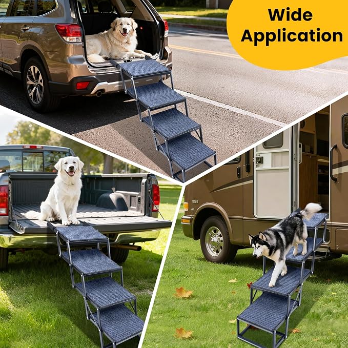 Dog Stairs for Large Dogs, Extra Wide Dog Ramp for Car with Non-Slip Surface, Foldable Pet Steps for Cars, SUV, Truck, RV, Supports up to 200 lbs, 4 Steps