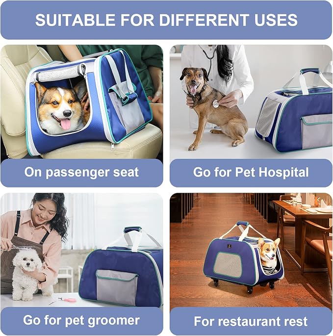 A 4 Pet Dog Carrier with Wheels,Foldable Rolling Pet Carrier Up to 33 LBS with Removable Base, Extendable Handle & 4-Wheels Design, Mesh Ventilation Windows and Safety Rope,Navy Blue