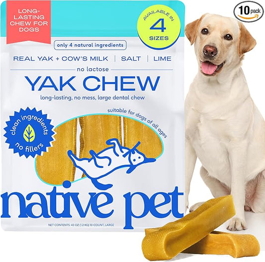 Native Pet Yak Cheese Himalayan Dog Chews - Long Lasting Dental Sticks for Large Breeds – 100% All Natural Himalayan Yak Chews for Large Dogs – Cheese Bone for Aggressive Chewers - 10 Per Pack