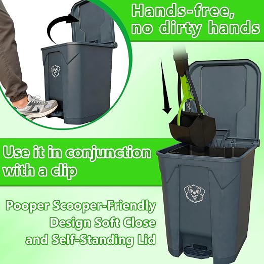 Outdoors Pet Waste Station 20L/5 Gallon Dog Poop Trash Can with Lid – Foot Pedal, Removable Inner Bin,Includes 200 Bonus Waste Bags & Long Handle Green Pooper Scooper