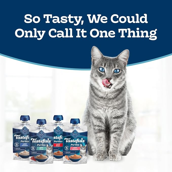 Blue Buffalo Tastefuls Purées Variety Pack Wet Cat Food Complement (Salmon, Chicken, Tuna, Beef) Made with Natural Ingredients, for All Life Stages, 3-oz. Resealable Pouches (12 Count)