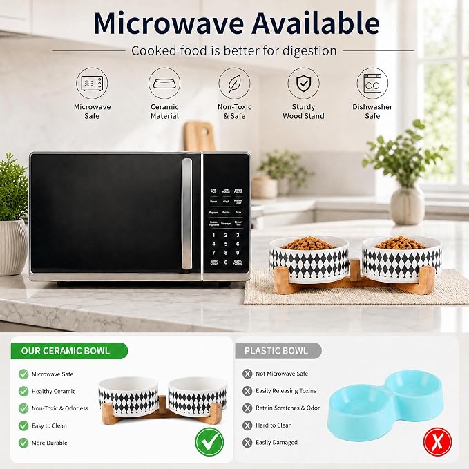 Petygooing Ceramic Dog Cat Bowl Set with Stand, Pet Food and Water Dishes,Small Dog Bowls Anti-Slip Set of 2 Cat Bowls-Pet Food Bowl- Pet Dish Small Medium Size Pet (28OZ/6.1 in) Black Rhombus