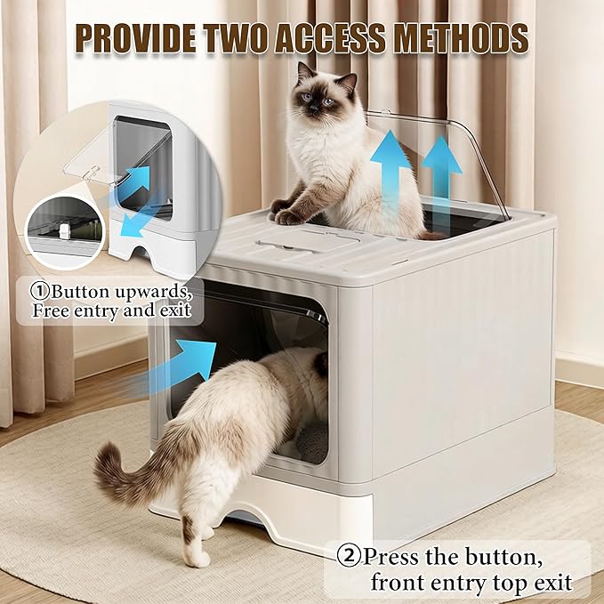 Stainless Steel Cat Litter Box With Lid, Top & Front Entry Enclosed Metal Litter Box, Large Covered Drawer Type Foldable Cat Litter Pan With Litter Scoop & Mat, Easy to Clean,Odor Control (Blue)