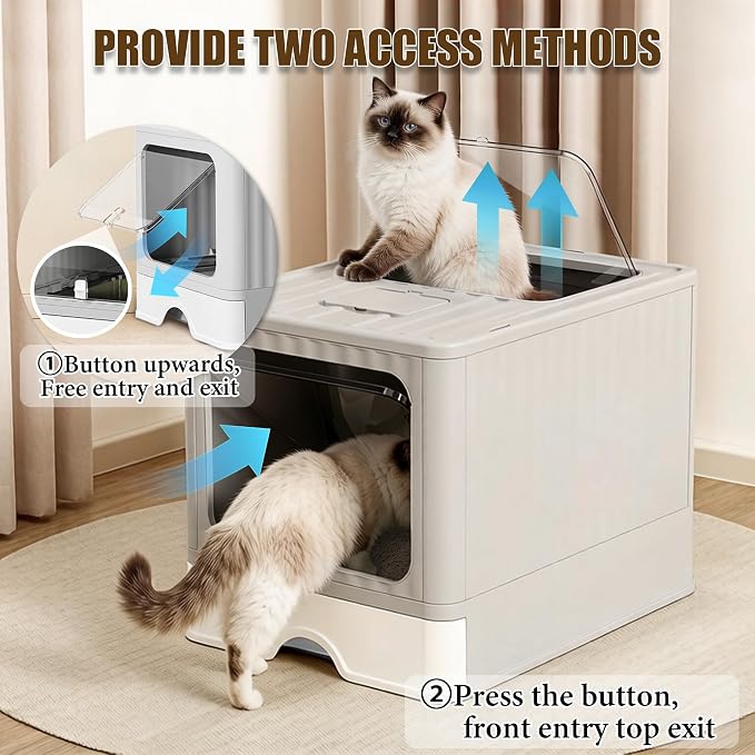 Stainless Steel Cat Litter Box With Lid, Top & Front Entry Enclosed Metal Litter Box, Large Covered Drawer Type Foldable Cat Litter Pan With Litter Scoop & Mat, Easy to Clean,Odor Control (Pink)