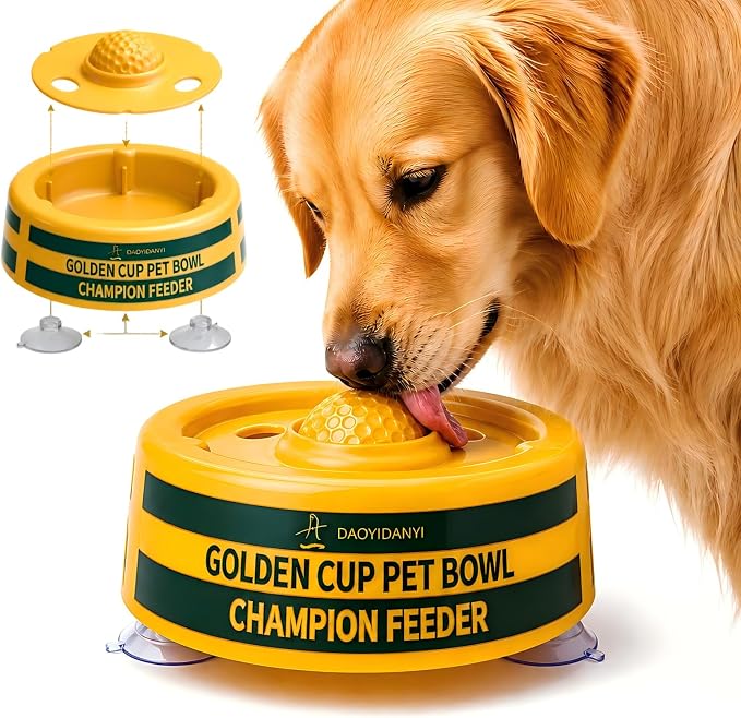 Golden Cup Slow Feeder Dog Bowls for Liquid Treat, Textured Spherical lid Integrated Anti-Slip Base, Yogurt Bone Broth Lick mat Dog Toy Prevent Accidental Ingestion Assist Digestion, slowing Feeding
