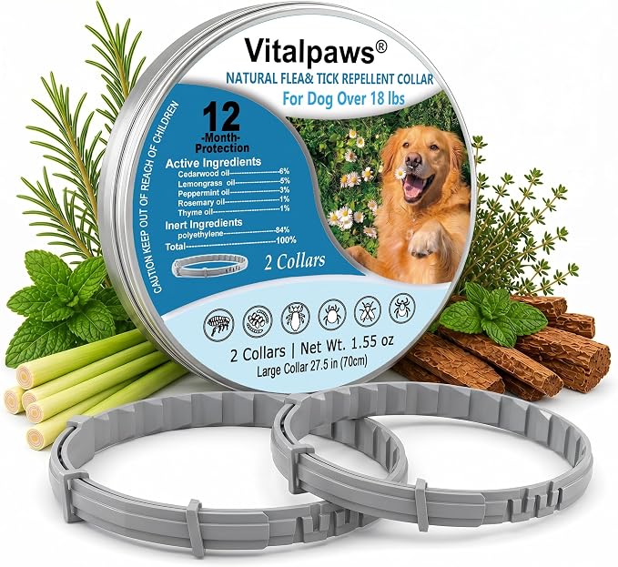 Flea and Tick Collar for Dogs 2 Pack - 12 Month Natural Flea and Tick Prevention for Dogs, Waterproof Dog Flea & Tick Control with Continuous Release, Adjustable Large Dog Collar