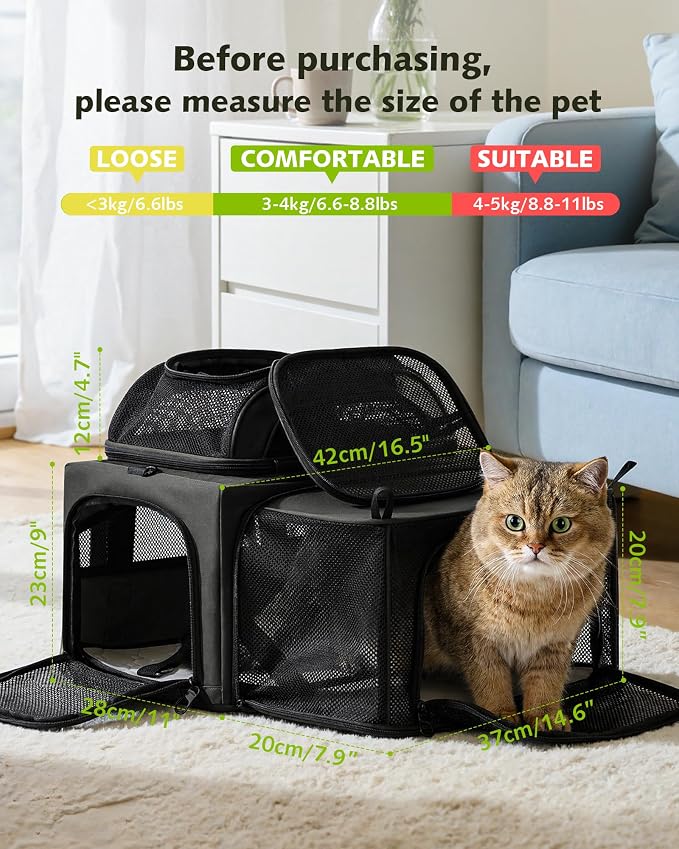 Pecute Top Side Expandable Pet Carrier Airline Approved Dog Cat Carrier, Breathable Soft-Sided with Locking Zippers, Pet Travel Bag for Small Dog Cat Leakproof Pee Pad ((Dark Gray)