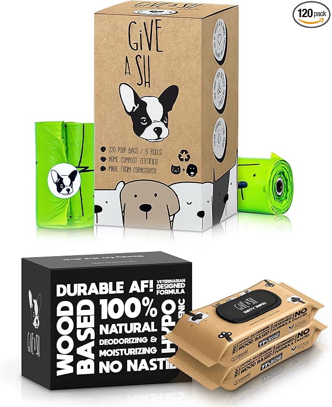 120 Compostable Dog Poop Bags and 200 Plant-Based Pet Wipes – Champion Animal Welfare & The Planet