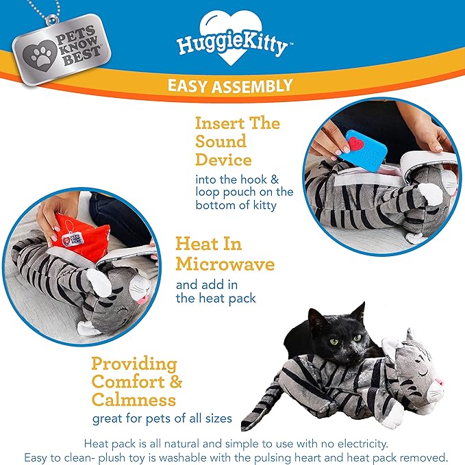 HuggieKitty | Comfort Purring Companion with Heartbeat Sleep Aide for Cats & Kittens, Heating for Calming Relief, Carrier & Behavioral Training Essential, Breeds, Pet's Know Best | Grey