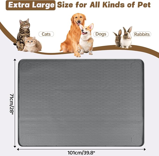 Cat Food Mat, 40" x 28" Cat Litter Mat Extra Large Silicone Pet Feeding Mat with Raised Edge Pet Placemat for Food and Water Bowl Non-Slip, Easy to Clean, Floor Protection (Dark Gray)