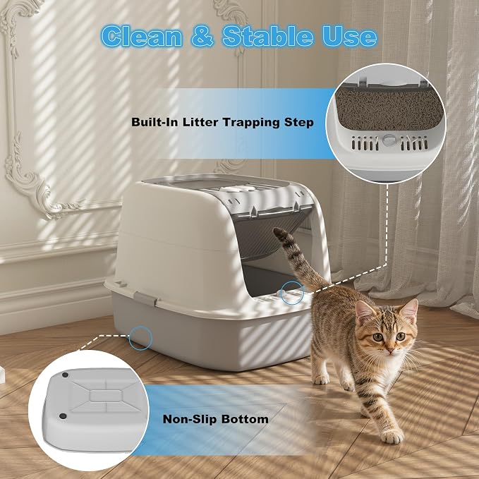 Cat Litter Box 2-Piece Set with Scoop Front Entry Covered Top Exit Ideal for Small Medium Cats 20.6”×16”×14.3” Grey+Green
