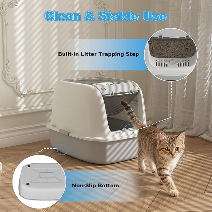 Cat Litter Box with Scoop, Front Entry Covered Litter Box with Lid, Top Exit Kitty Litter Box, Easy to Clean Durable Plastic Litter Pan, Ideal Size for Small to Medium Cats 20.6”×16”×14.3”Yellow