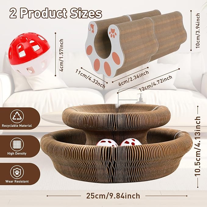 2 Pack Cat Scratcher Board Foldable with Bell Ball, Magic Organ Cat Toy for Cats, Protects Furniture, Corrugated Cardboard Scratching Pad，Interactive Mental Physical Exercise for Indoor Cats Toy