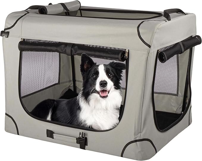 Soft Dog Crate - 32x23.25x23 Collapsible Dog Crate for Medium Pets - Portable Travel Pet Crate with 3 Doors, Mesh Windows, and Removable Divider - Travel Accessories by PETMAKER (Gray)