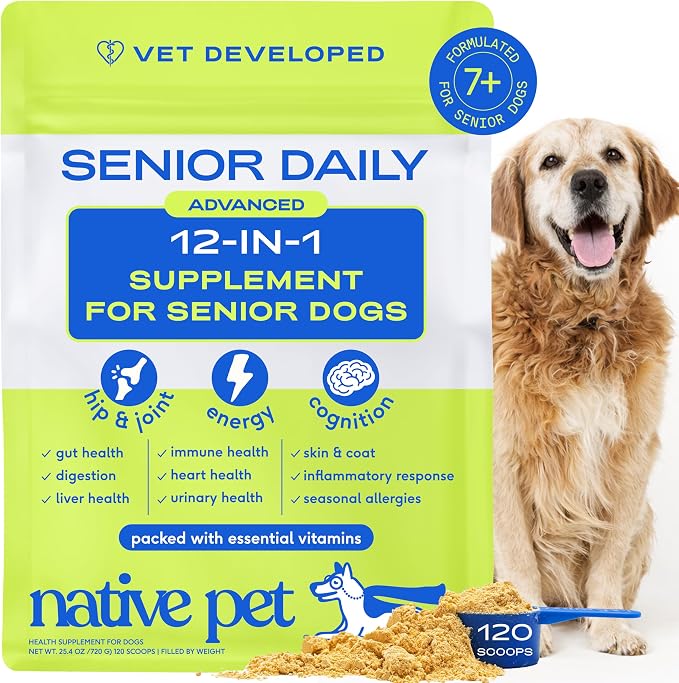 Native Pet Senior Daily Dog Vitamins & Supplements – 12-in-1 Dog Multivitamin Powder for Senior Dogs – Supports Mobility, Cognition, Digestion, Immune Health & More – 120 Scoops