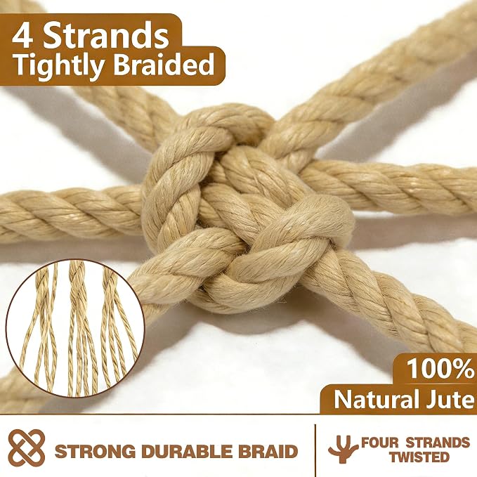 Jute Rope Natural Jute Manila Rope Nautical Hemp Rope Twisted Natural Thick Heavy Duty Ropes for Crafts, Bundling,Anchor, Hammock, Nautical, Tug of War, Railings,Decorate (1 in X 50 Ft)
