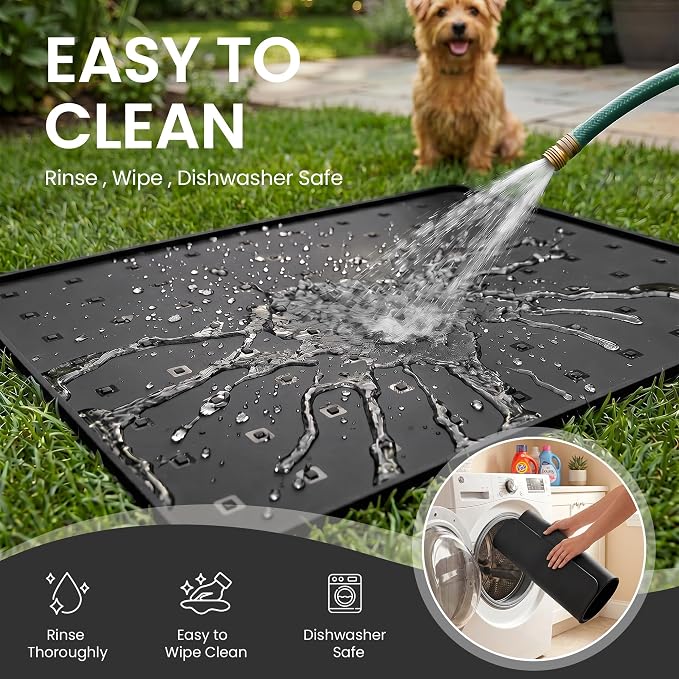 Silicone Pet Feeding Mat, 26x18 Inch Waterproof Dog Bowl Mat – Non-Slip, Machine Washable, Thin 0.28 Inch Edge for Messy Eaters, Protects Hardwood & Tile Floors, Black