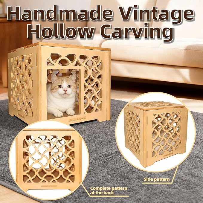 Vintage Carved Hollow Cube Cat House, Handmade Solid Wood Indoor Cat Shelter, Natural Wood Color, Easy to Assemble & Maintain, Elegant Decor for Small Cats Kittens