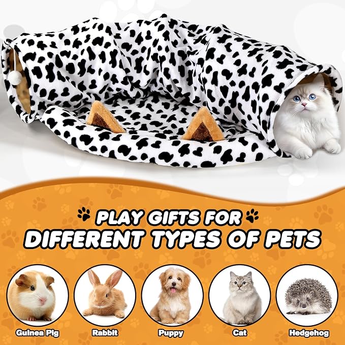 Spardar Bunny Tunnel Bed, 2-in-1 Collapsible Tunnel Tubes Toys, Washable, with Removable Mat Hideout, Interactive Toys for Rabbits Chinchilla Hedgehog Guinea Pigs Kitty, Cow