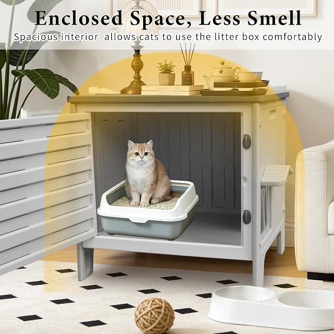 Cat Litter Box Enclosure Furniture Plastic Hidden Enclosed Litter Box Cabinet Cat House Kitty End Table for Living Room, Entryway, Balcony, Bedroom