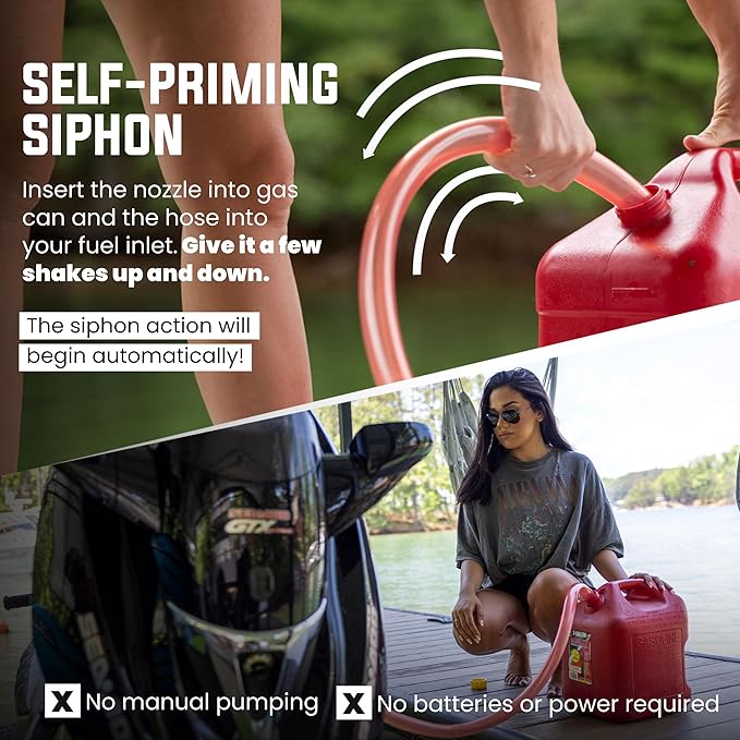 3/4” x 8’ Self-Priming Shaker Jiggler Siphon Hose, FlowPro Siphon Gas & Fuel Transfer Pump, Gas Can Siphon for Boats, Jet Ski, Pontoon. Water Siphon Pump for Hot Tub Drain and Cold Plunge | 7 GPM