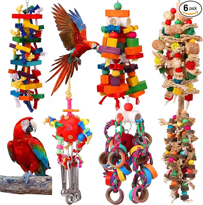 Soulchen 6 Pcs Extra Large Bird Parrot Toy Set Natural Wooden Chewing Toy, Rattan Ball, Wood Nut Loofah String (Bagged) for Large Macaws, African Grey, Amazon Parrots (Natural Wood)
