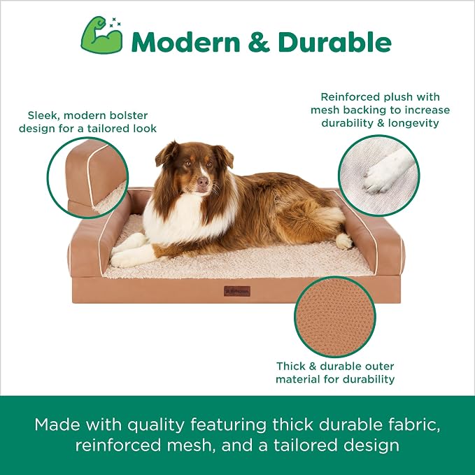 Furhaven Orthopedic Dog Sofa Bed – Memory Foam Couch with Bolsters, Textured Plush & Water-Resistant Cover, Washable Cover, Joint Support - Camel, Medium