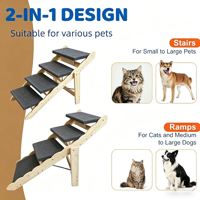 Wooden Dog Stairs, 2-in-1 Floded Flat Design Dog Steps for Beds Cars Couch, Anti-Slip Pet Ramp with 4 Steps, Indoor Pet Stairs for Small Medium Large Pet, up to 150 lbs