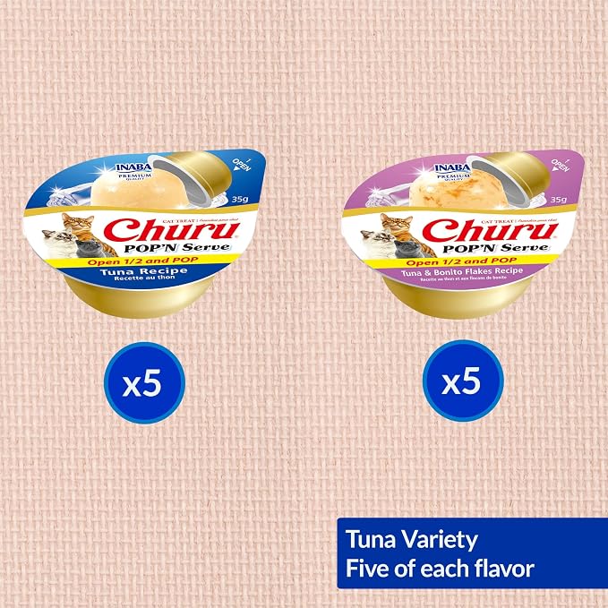 INABA Churu Pop'N Serve Jelly Cat Treat with Vitamin E & Taurine, 1.2 Ounce Cup, 10 Cups, Tuna Variety