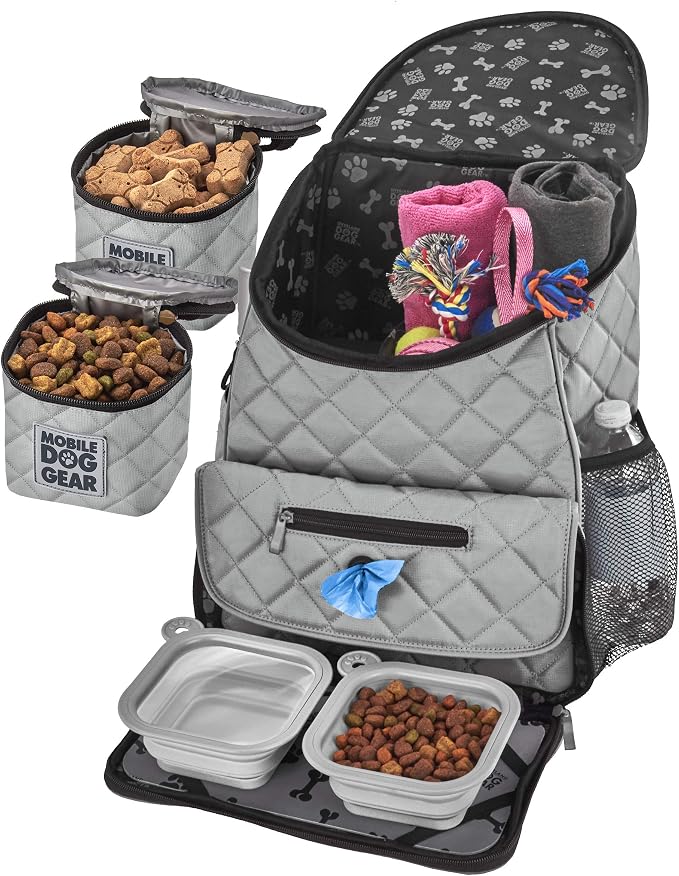 Mobile Dog Gear, Dog Travel Bag, Deluxe Quilted Weekender Backpack, Includes Lined Food Carriers and 2 Collapsible Dog Bowl, Gray