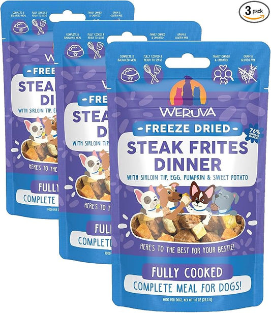 Weruva Dog Freeze Dried, Steak Frites Dinner with Sirloin Tip, Egg, Pumpkin & Sweet Potato, 1oz Bag (Pack of 3)