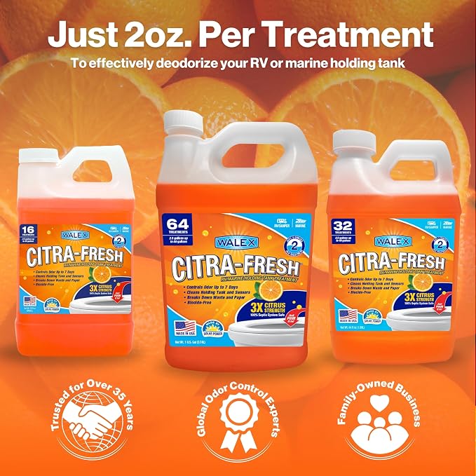 Walex Citra-Fresh Liquid Holding Tank Treatment for RV, Camper & Marine - Black Water Tank Deodorizer for Rapid Breakdown of Waste & Toilet Paper, Biocide-Free, Septic Tank Safe, 32oz