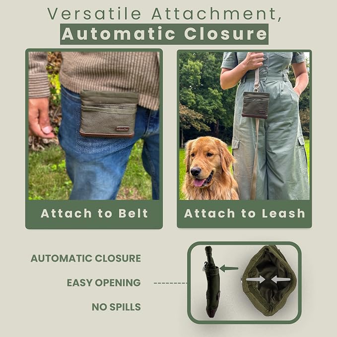 BEAU&FUR Small Large Dog Treat Pouch with Clicker for Training (Green, With Leash)