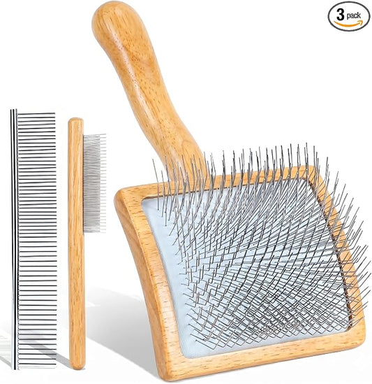 Slicker Brush for Dogs, Large Dog Grooming Brush for Doodles Goldendoodles Poodles Labradoodle Bernedoodles, Long Combs to Wavy & Curly Hair - Wooden Handle 3 Pcs - Nature
