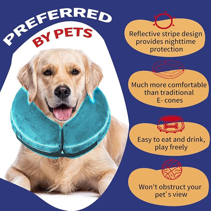 Inflatable Reflective Dog Cone Collar Alternative After Surgery,Doggie Recovery Dount Neck Ecollar,Adjustable Soft Dog Cone Collar for Large Dogs (Light Blue, XXL)