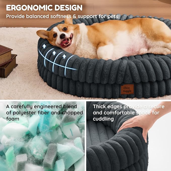 ChiXnuggle Orthopedic Dog Bed for Large Dogs, Waterproof Faux Rabbit Fur Dog Couch with Egg Crate Foam Support and Washable Removable Cover, Bolster Pet Sofa with Non-Slip Bottom, 35x28x7, Dark Grey