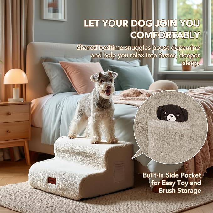 PETNOVO Ultra-Soft Faux Fur Dog Stairs for Bed and Couch, 3-Step Dog Steps for Small Dogs, Non-Slip Foam Pet Stairs, Washable Cover, 15.7" D x 22.4" W x 15.7" H, Off-White