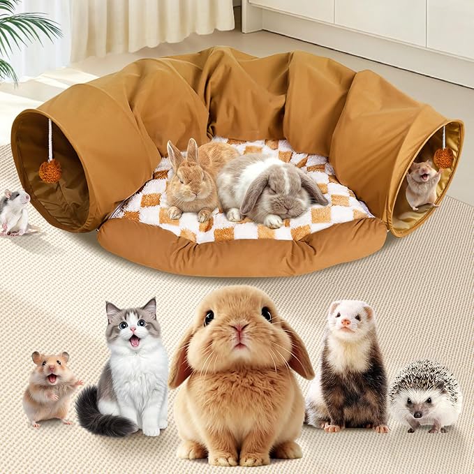 Spardar Bunny Tunnel Bed, 2-in-1 Collapsible Tunnel Tubes Toys, Washable, with Removable Mat Hideout, Interactive Toys for Rabbits Chinchilla Hedgehog Guinea Pigs Kitty, Khaki