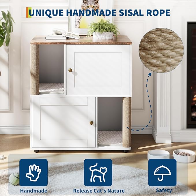 Cat Litter Box Enclosure, Two-Story Wooden Hidden Litter Box Furniture with Scratching Post, Multi-Level Cat Washroom Cabinet for 2 Cats, Reinforced Wood Frame & Ventilated Design for Small Apartment