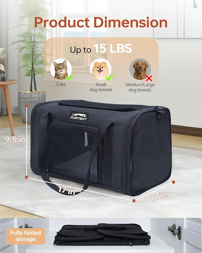 17x11x9.5 Pet Carrier Airline Approved, Cat Carrier with Litter Box, Soft Sided Cat Dog Carrier Up to 15 lbs, Breathable Travel Pet Carrier with Calming Curtain, Storage Bag & Poop Dispenser, Black
