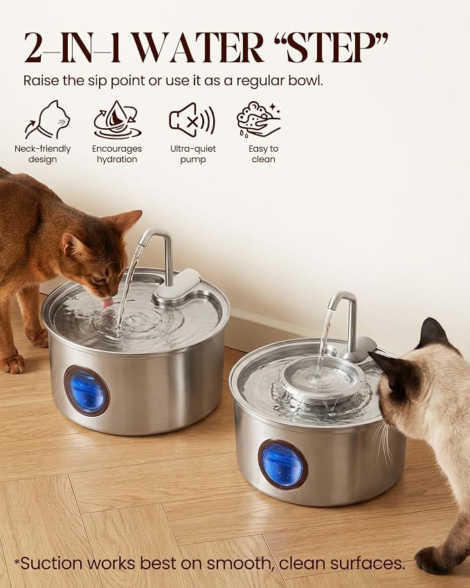 Hicuper Cat Water Fountain,108oz/3.2L Stainless Steel Cat Fountain and Removable Water Bowl,Pet Fountain with Water Level Window,Quiet Pump,Multi-Filter, Water Tap, Provides Flowing,for Dog Cats