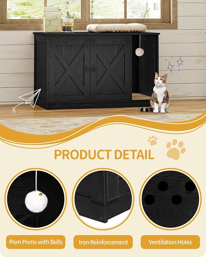 Hzuaneri Cat Litter Box Enclosure, Hidden Litter Box Cabinet Furniture with Bell, Indoor Cats House, Farmhouse Style, 39.4 x 21.7X 24.8 Inches for Hallway, Bedroom, Black CB85204X