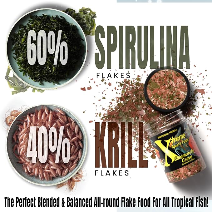 Xtreme Community Crave Flake - Krill & Spirulina Blend for Vibrant Colors, Immune Support and Digestive Health, Tropical & Freshwater Fish Nutrition – Premium Community Aquarium Food (1oz)