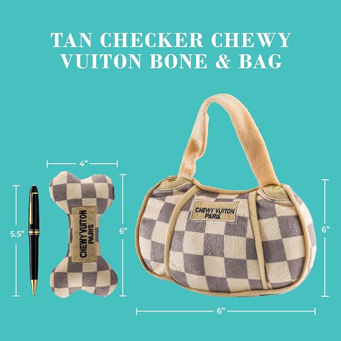 Haute Diggity Dog Chewy Vuiton Bone & Handbag Plush Squeaky Dog Toys, Soft Durable Designer-Inspired Stuffed Puppy Chew Toys for Medium & Large Dogs, Machine-Washable (Tan Checker) Large 2 Pcs