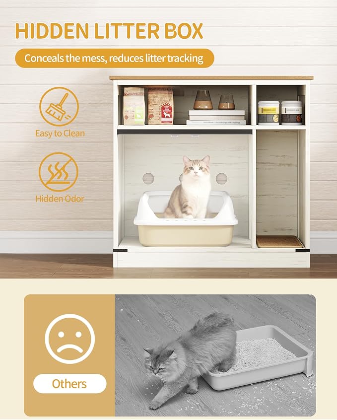 Hzuaneri Cat Litter Box Enclosure, Hidden Litter Box Furniture with Storage, Wooden Cat Cabinet with Scratch Pad, Farmhouse Cat Washroom, TV Stand End Table, Rustic Brown and White CB87514X