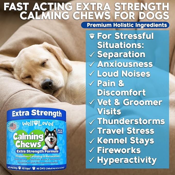 Well Loved Calming Chews for Dogs - Dog Calm Treats, Made in USA, Vet Recommended, Behavior Support with Melatonin & Hemp, Stress, Separation, Fireworks, Travel, Extra Strength